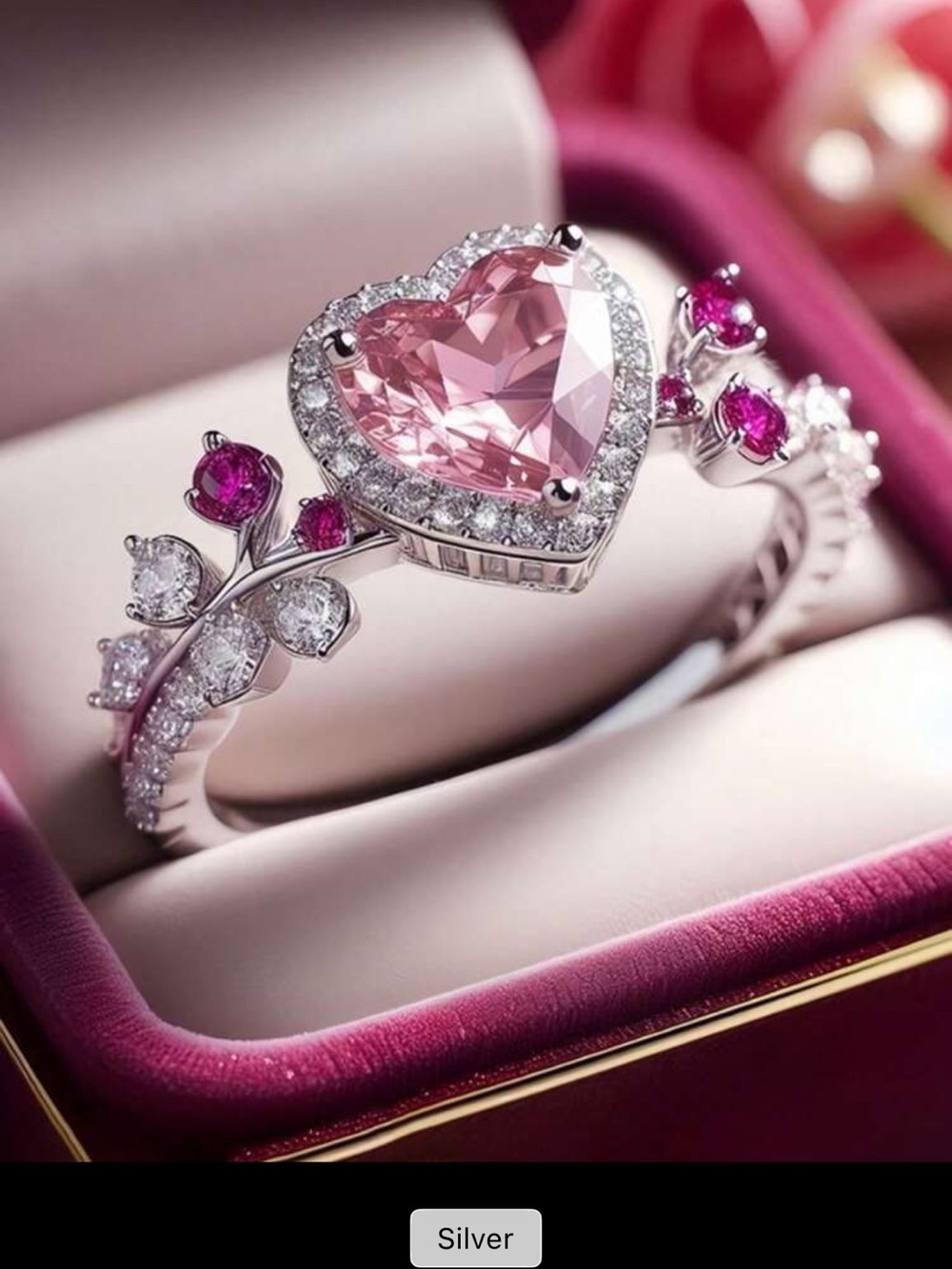 Silver Heart Pink Crystal Ring with Pink Accent Stones